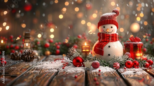 Snowman, fir branches and decorations, gift boxes and a burning candle on a wooden table strewn with snow.