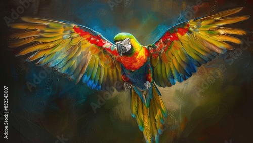 A colorful parrot flies with wings spread in the air