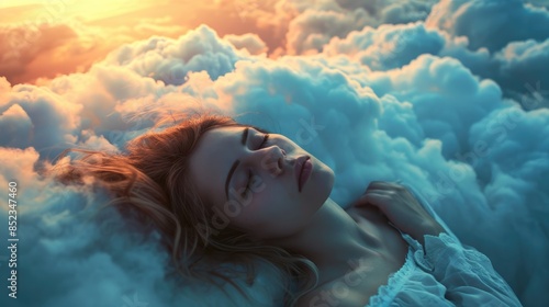 The close up picture of the caucasian female human that laying down for sleeping on the sea of the cloudscape that act like pillow that look fluffy and soft at the bright sky of the daytime. AIGX03.