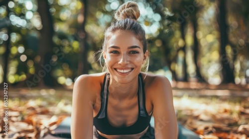 Happy athletic girl doing fitness outdoors
