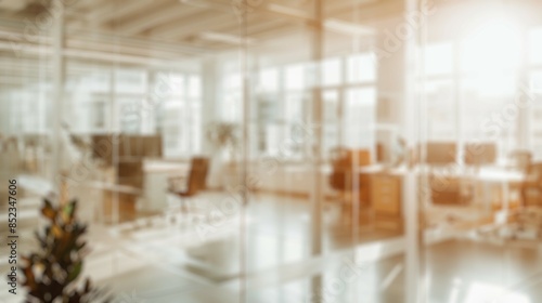 Blur background of glass walled office with modern furniture and plants. Modern meeting room with glass wall. Sleek and transparent workplace design. Design for poster, wallpaper, banner. Spate.