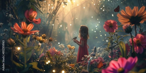 Happy children walking at fantasy forest with glowing flower with magical moment surrounded with fantasy animal. Attractive girl walking at enchanted wild garden landscape. Abstract background. AIG42.