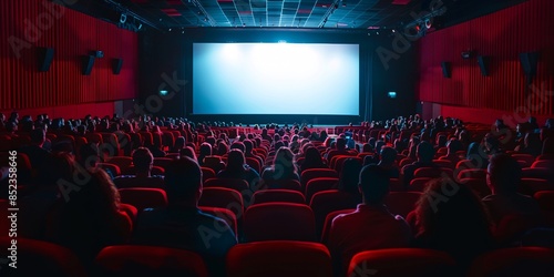 A movie theater with a large, empty screen and viewers sitting in crimson seats. Faint human figures observing a film.