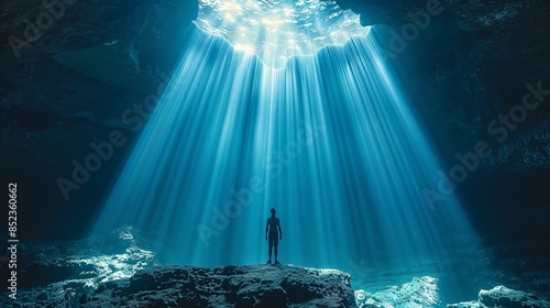 Cave expedition with beam of light.