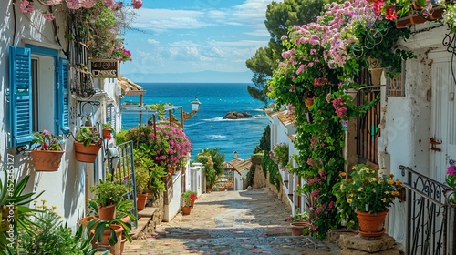 Enchanting seaside town in Spain, fences adorned with flowers, ocean waves gently lapping in the background
