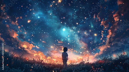 Child looks at the stars, dreaming of infinite possibilities under the night sky. Focus on dreams, ambitions, and childhood wonder.