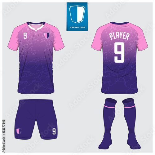 Soccer jersey or football kit mockup design for football club. Football shirt, short, sock template. Soccer uniform in front view, back view. Football logo in flat design.
