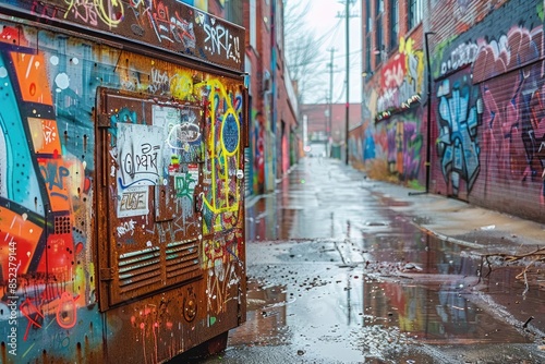 A narrow alleyway with graffiti and a water puddle