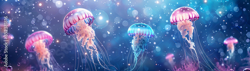 Colorful jellyfish swim in a magical underwater world.