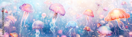 Dreamy, pastel-colored jellyfish float in a field of light.