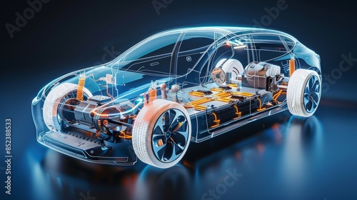 Electric car technical cutaway with all main details of EV system in ghost effect hyper realistic 