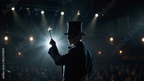 A magician with his back to the camera standing on stage under a spotlight and a magic wand is about to perform.