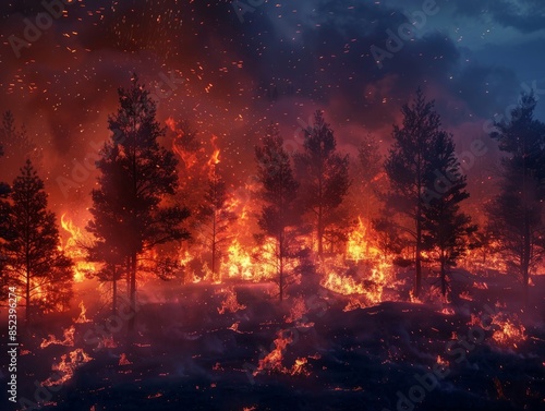 Forest fire burning with a lot of smoke at night. Wildfire. Heatwave causes forest burning rapidly and destroyed, natural calamity. Pine trees burned during the dry season. Natural disaster
