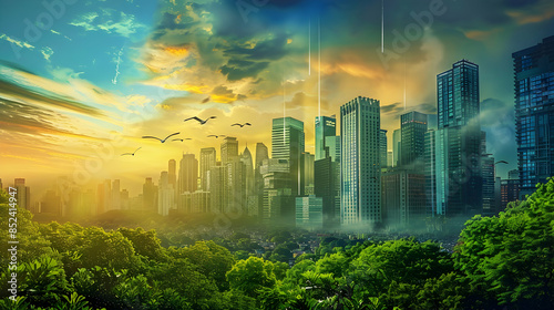 Cityscape Illustration with Birds Flying Over Skyscrapers and Green Trees