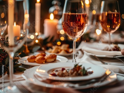 Elegant and select wedding decoration restaurant table Wine Glass and appetizers, on the bar table Soft light and romantic atmosphere dinner service menue guests candle