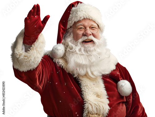 Joyful Santa Claus in a red suit waving cheerfully, spreading holiday spirit and Christmas cheer.