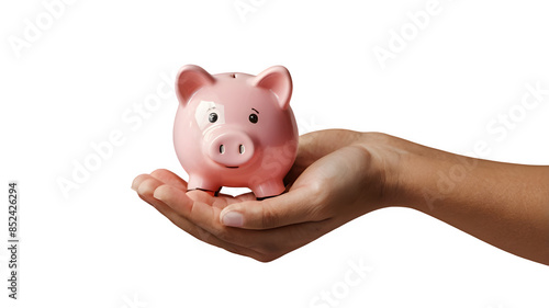 Hand holding pink piggy bank on transparent background 