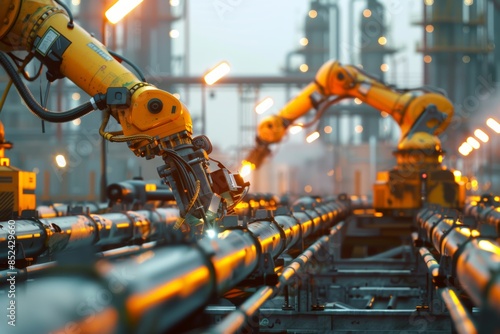 Robotic arms welding pipelines in an oil and gas refinery, emphasizing safety and efficiency in hazardous environments.