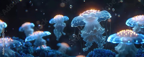Bioluminescent jellyfish illuminated in the dark depths of the ocean, with a bright, mystical glow.