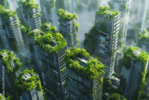 A futuristic city skyline overgrown with lush vegetation, suggesting a re-wilding or a post-apocalyptic world.