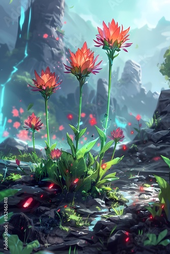 2D Illustrate, Poisonous plants blooming in a post-apocalyptic landscape, a paradoxical scene reminiscent of the phoenix's resurrection from toxic origins.,