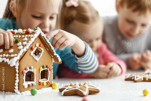 Close-up of kids making a gingerbread house