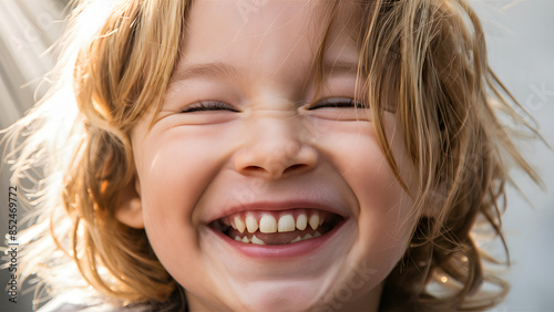 A close-up photograph of a young child's face, beaming with pure joy and happiness. AI generated
