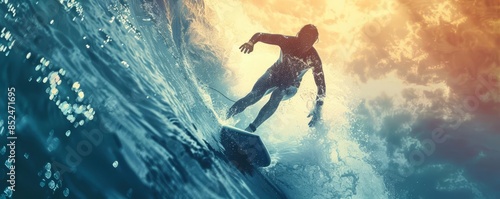 Surfing, close up on wave, copy space, bright hues, Double exposure silhouette with surfing action