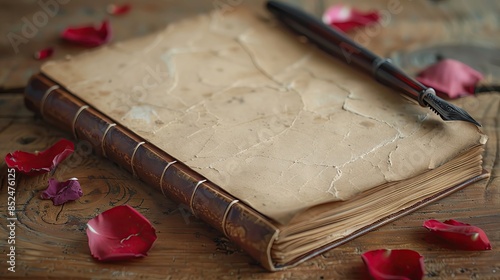 A high-resolution image of a blank journal page with a quill pen and scattered rose petals, perfect for a poetic and elegant background with copy space