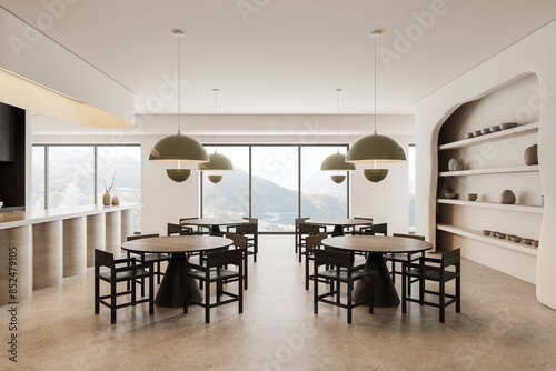 Beige cafe interior with bar island and dining space, panoramic window