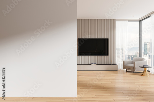 Home living room interior with relax place and tv screen, window. Mockup wall