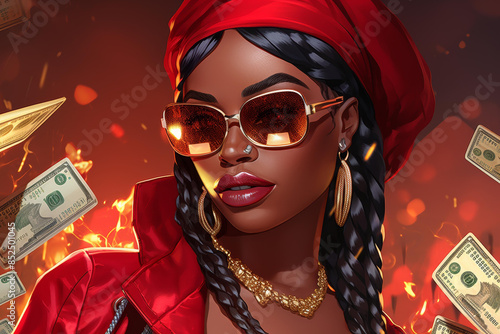 Vibrant illustration of African American gangster game character flaunting bling and jewels, exuding style and attitude.
