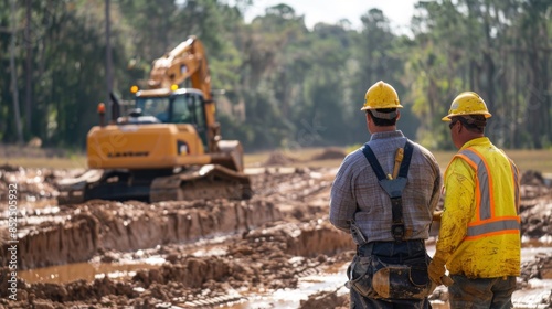 Two construction workers are standing in front of a large bulldozer. They are wearing hard hats and safety vests. The bulldozer is moving dirt in the background.