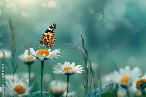 A close-up image of a butterfly sitting on the petals of a white flower