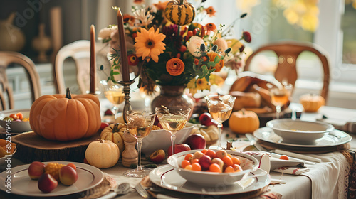 Fall Table Setting with Pumpkins, Fruit, and Flowers - Photo