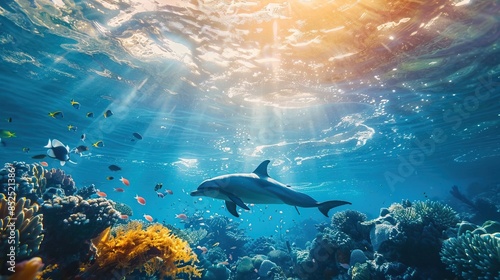 Underwater scene with dolphins swimming among vibrant coral reefs illuminated by sunlight beams.