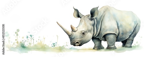 Watercolor illustration of a cute safari rhinoceros clipart, with a butterfly on its nose, isolate on white background, soft and natural colors, whimsical and adorable, detailed and enchanting