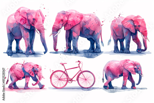 Pink elephants. A set of fabulous elephants. A magical sketch.