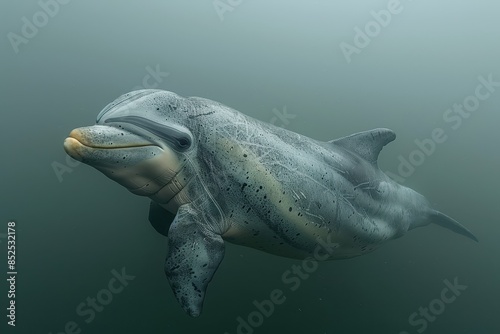 A Baiji river dolphin swimming in the murky waters of the Yangtze River, its elongated beak and graceful movements captured underwater. 