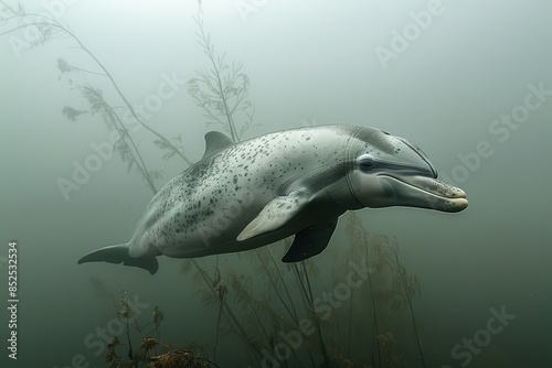 A Baiji river dolphin swimming in the murky waters of the Yangtze River, its elongated beak and graceful movements captured underwater. 