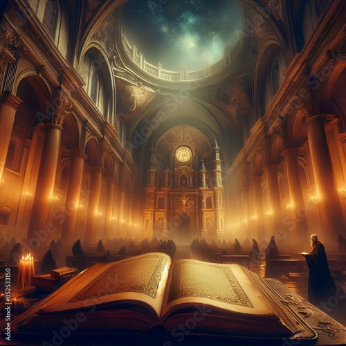a book at the time of the holy inquisition with a mysterious setting inside a church night ambientation painting old style.