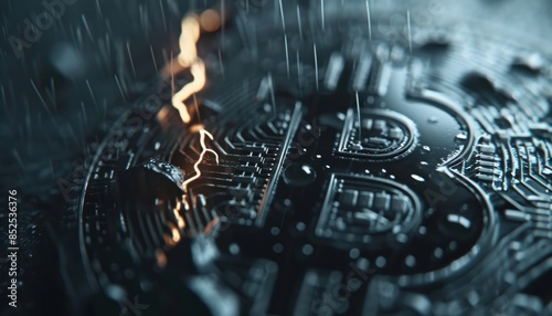 Close-up of a Bitcoin with rain droplets and lightning effects, depicting the concept of digital currency and the volatility of cryptocurrency.