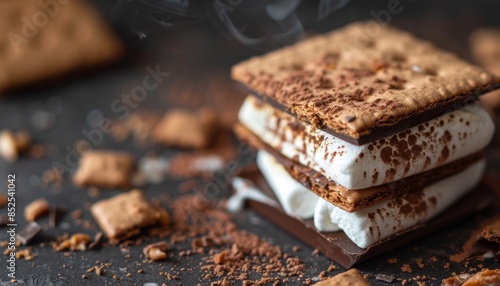 Close-up of delicious s'mores with melted chocolate, toasted marshmallows, and graham crackers on a dark background.
