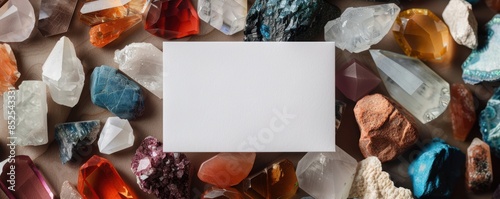 Collection of colorful gemstones and crystals surrounding a blank white card on a neutral background.