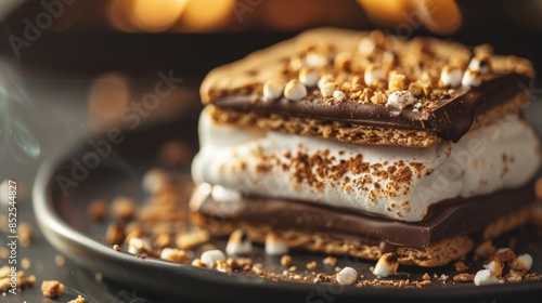 Delicious close-up of a classic s'more with melted chocolate, toasted marshmallow, and graham crackers on a dark plate.