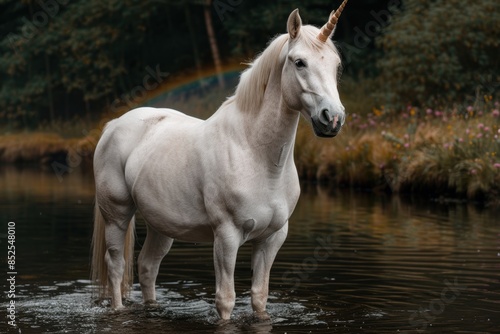 Majestic white unicorn standing in a forest stream