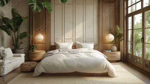 modern bedroom with white paneled walls, a pistachio-colored pastel linen bed without any pillows, a modern lamp above the bed, a round wooden night stand on each side, a green plant in a beige pot ne