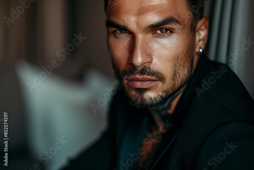 tanned skin, hot and attractive Italian mafia billionaire with a tattoo on his neck , wearing a luxurious black suit. Looking at camera with piercing and sensual gaze .