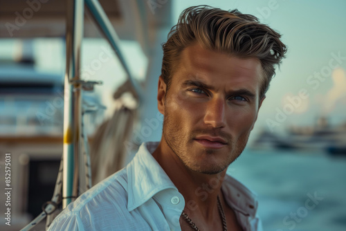 tanned skin, hot and attractive blonde oldmoney style young man billionaire , wearing a luxurious summer white shirt. Looking at camera with piercing and sensual gaze. yacht background