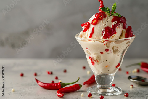 Banner with chilli ice cream, with sweet and spicy jam in a tall glass bowl. Unusual recipe for spicy ice cream with fresh chili peppers